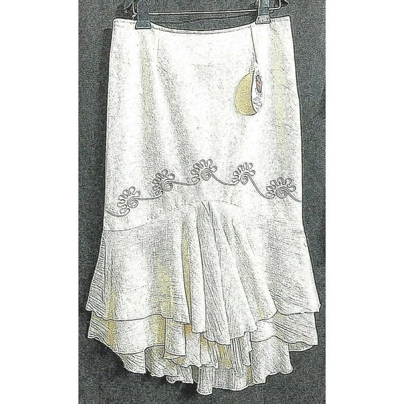 Mexico Lindo Embroider Asymmetrical Ruffleled Skirt M 100% Algodon Off White NWT - Picture 1 of 8